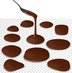 Vector realistic liquid chocolate pancakes. Set of cocoa syrup or molten hot butter puddles isolated on transparent background.
