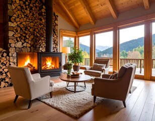 Cozy log cabin living room with fireplace and mountain view