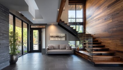 Modern entryway with wood-paneled wall, floating staircase, gray sofa, and view of lush greenery