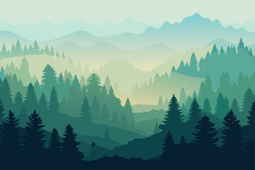 Fog Laced Tree Line Fading into Layered Forest Depth