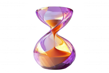Twisted glass hourglass with flowing orange sand isolated on a transparent background time crystal