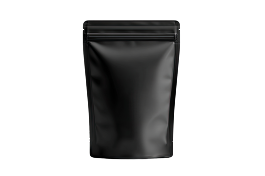 Dark matte black, sealed stand-up pouch