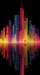 Neon cityscape reflection, night, urban, vibrant, illustration, digital art, website banner