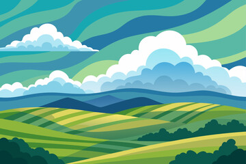 Fototapeta premium Rolling Clouds Over a Grassy Valley in Flat Overlay Style