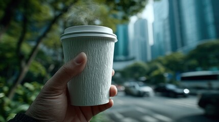 Steaming drink in hand, city view background