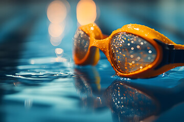 Close-up of orange swimming goggles resting on a wet pool deck.