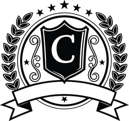 Obraz premium Classic emblem featuring a bold letter c shield surrounded by laurel wreaths stars and a blank banner for custom text