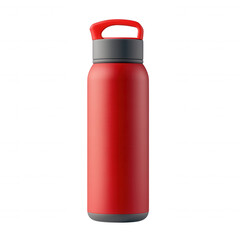 Vibrant red water bottle with grey accents and carrying loop isolated on a transparent background black