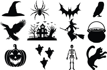 set of halloween element silhouette collection. Black and white vector editable file. pumpkin, ghost, cat, cauldron, horror house, female witch ride, owl, raven bird, skeleton, spider, witch hat