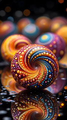 Fototapeta premium Close-up of several colorful glass beads with swirling patterns on a reflective surface.