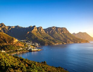 Obraz premium Coastal mountains at dawn. Lush greenery, a town nestled in the foothills, and a calm ocean meet a clear blue sky