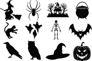 set of halloween element silhouette collection. Black and white vector editable file. pumpkin, ghost, cat, cauldron, horror house, female witch ride, owl, raven bird, skeleton, spider, witch hat
