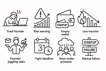 Fototapeta premium Icons Depicting Startup Challenges: Exhausted Founder, Financial Struggles, Tight Deadlines