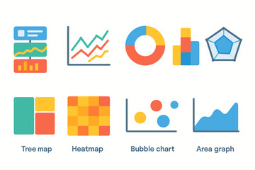 Set of Colorful Data Visualization Icons Including Charts, Graphs, and Diagrams