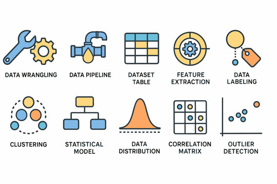 Illustrated Icons of Data Science Concepts Including Data Wrangling and Pipeline