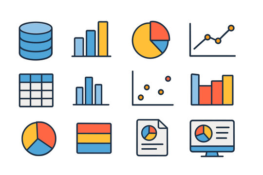 Data and Analytics Icons Set in Minimalist Flat Design with Charts and Graphs