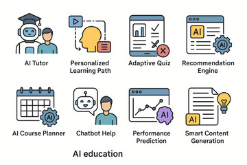 AI Education Infographic with Icons for AI Tutor, Personalized Learning, Adaptive Quiz, and More