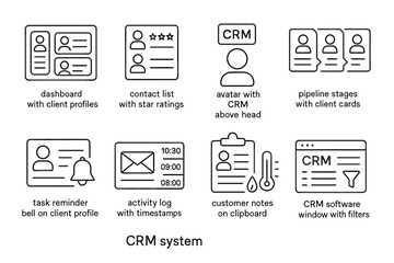 CRM System Icons Set: Dashboard, Contact List, Pipeline Stages, Reminders, Activity Log, and More