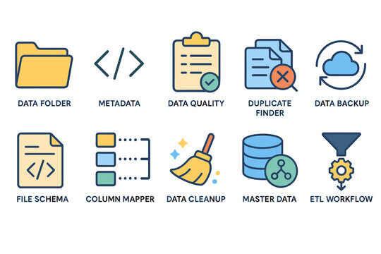 Collection of Flat Design Icons for Data Management Concepts with Labels