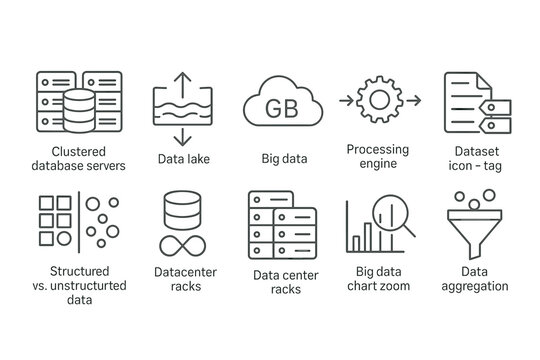 Data Management and Processing Icons Set with Data Lake, Big Data, and Data Aggregation Symbols