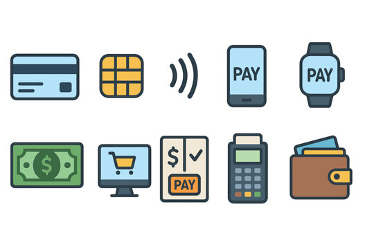 Colorful Icons Set of Modern Payment Methods and Financial Transactions