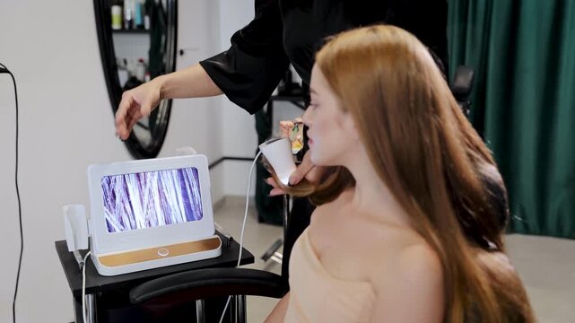 Professional trichologist analyzing hair structure using special device and showing results to client on digital tablet in beauty salon