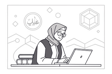 A muslim man in traditional attire reads the quran under a lantern during the holy month of ramadan