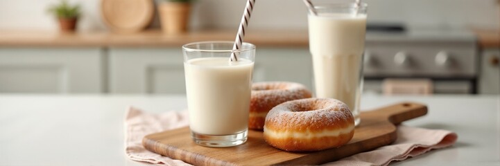 Delicious donut breakfast includes donuts dusted with sugar and refreshing milk in glass on wooden board. This donut breakfast features sweet pastry and creamy beverage for a tasty, fulfilling meal.