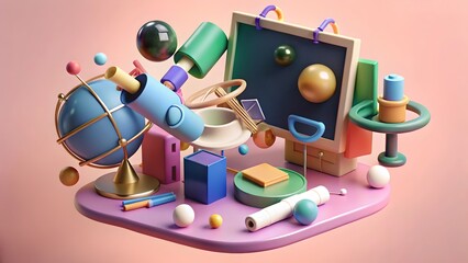 Colorful educational objects arranged on a platform against a pink background in a studio shot