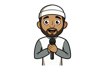 Muslim pilgrim with backpack approaches a grand mosque in a desert landscape