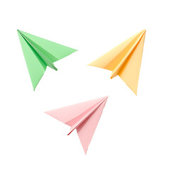 Three paper airplanes in green, yellow, and pink colors. Flying high, the minimalistic design conveys a sense of creativity and playfulness.