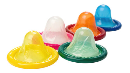 A group of colorful condoms arranged in a row on a transparent background isolated on transparent background