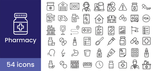 Pharmacy and medical icon set with 54 line illustrations including medicine, healthcare, pill, drug, prescription, hospital, doctor, and health symbols for pharmaceutical services