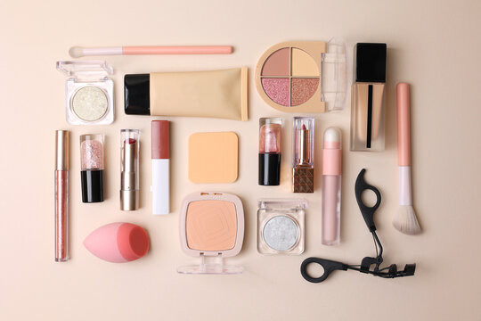 cosmetic makeup products ideal for beauty lovers. Top view on bright background