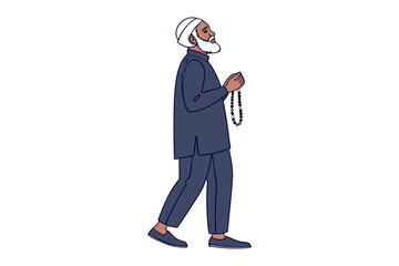 Muslim man in traditional attire points upwards while holding prayer beads near a podium in a spiritual illustration