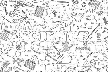 The word SCIENCE among scientific symbols, molecules, formulas, laboratory instruments, chemical compounds, graphs, and mathematical elements. A scientific-themed background with drawn formulas.