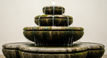 Tiered stone fountain with moss; water flows gracefully