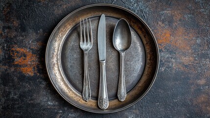 Vintage silverware set on rustic plate