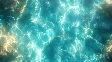 Turquoise water surface with shimmering light reflections and rocky edges