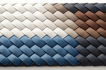 Fototapeta premium Detailed macro shot of a woven accessory showcasing a multicolor braided texture with a gradient from white and beige to blue and black.