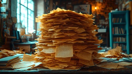 Towering paper stack on desk in cluttered room, papers spread nearby