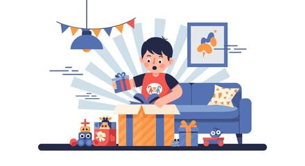 Excited Young Boy Opening Birthday Gift At Home In A Decorated Room