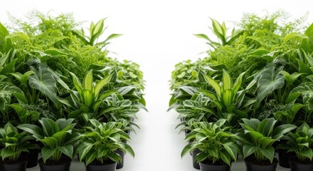 Two walls of green potted plants lead into a white void