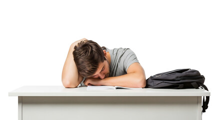 Tired, exhausted student sleeping on desk, isolated on white & transparent background. Ideal for academic stress, exam fatigue, college life, mental health awareness, study burnout,