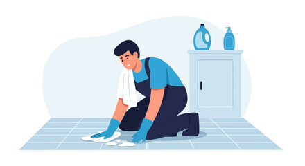 Obraz premium Dedicated Worker Cleaning Tile Floor With Rag And Cleaning Supplies Nearby