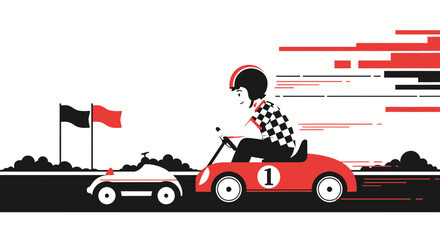 Exciting Go Kart Race With Checkered Flag Man And Stylish Go-Karts