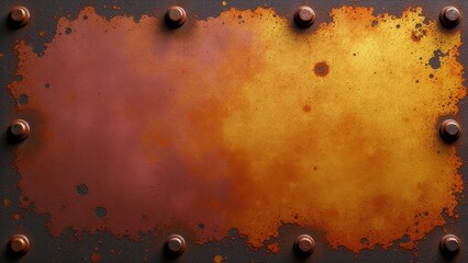 Closeup of a rusty metal plate with orange and yellow corrosion, highlighting texture and aging.