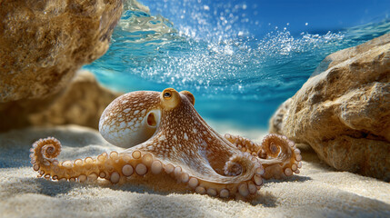 A detailed shot of an octopus resting on the ocean floor with its tentacles curled.