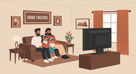 Family Bonding Time Watching Tv In Home Theater Together In Living Room