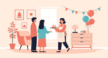 Family Celebrates A Special Day With Cake And Balloons In Modern Interior